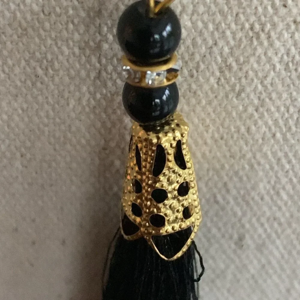 Black Bead Gold Tone Tassel Necklace Long Art Deco Flapper Style
